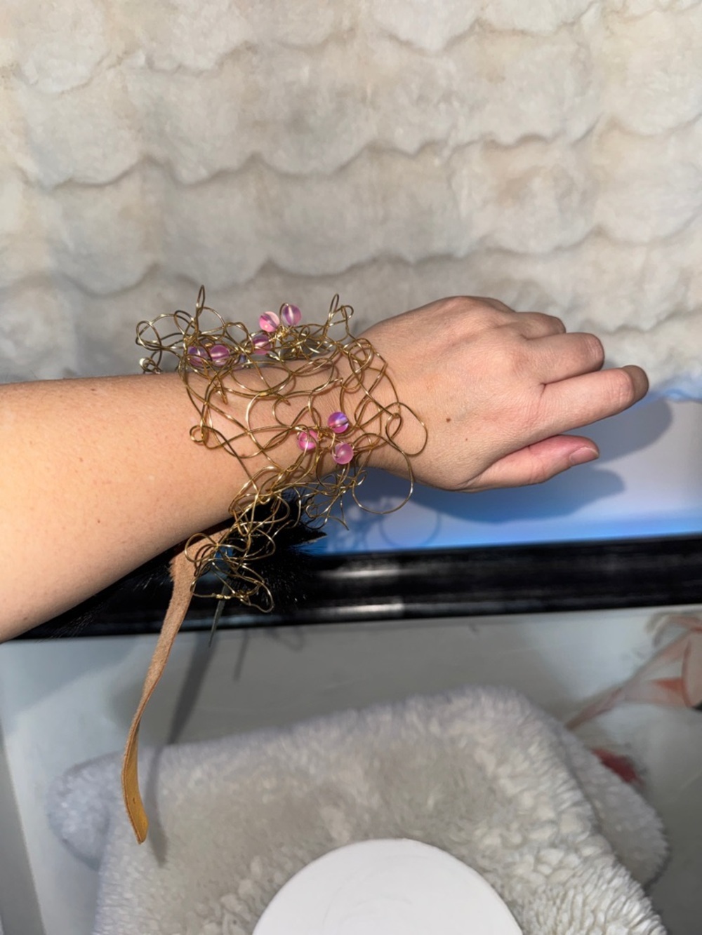 HANDCRAFTED Wire Sculpted Bracelet with Pink Bead Accents hand knitted